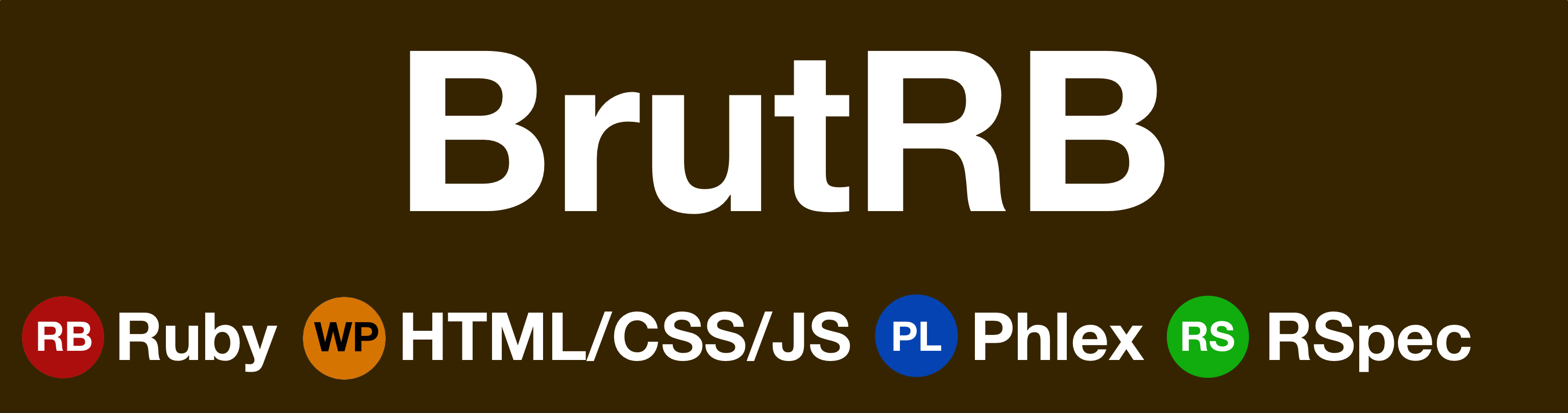 A brown rectangle with 'BrutRB' in large letters centered. It is in the style of the Washington, DC metro. Below BrutRB are four colored dots that each have a label. They are in the style of a metro line. The red dot has 'RB' in it and is labeled 'Ruby'. The orange dot has 'WP' in it and is labeled HTML/CSS/JS. The blue dot has 'PL' in it, and is labeled 'Phlex'. The green dot has 'RS' in it and is labeled 'Rspec'