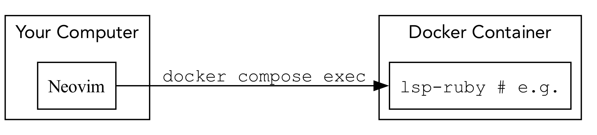 Diagram showing your computer and a docker container. Inside your computer is Neovim. There's an arrow from it labeled 'docker compose exec' that is connected to a box inside the docker container. The box is labeled 'ruby-lsp # e.g.' in a code font.